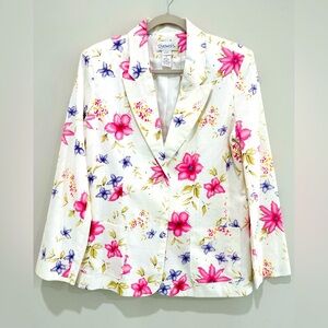 CHADWICKS Woman’s Blazer Jacket Size 12 White Floral Print Linen & Cotton